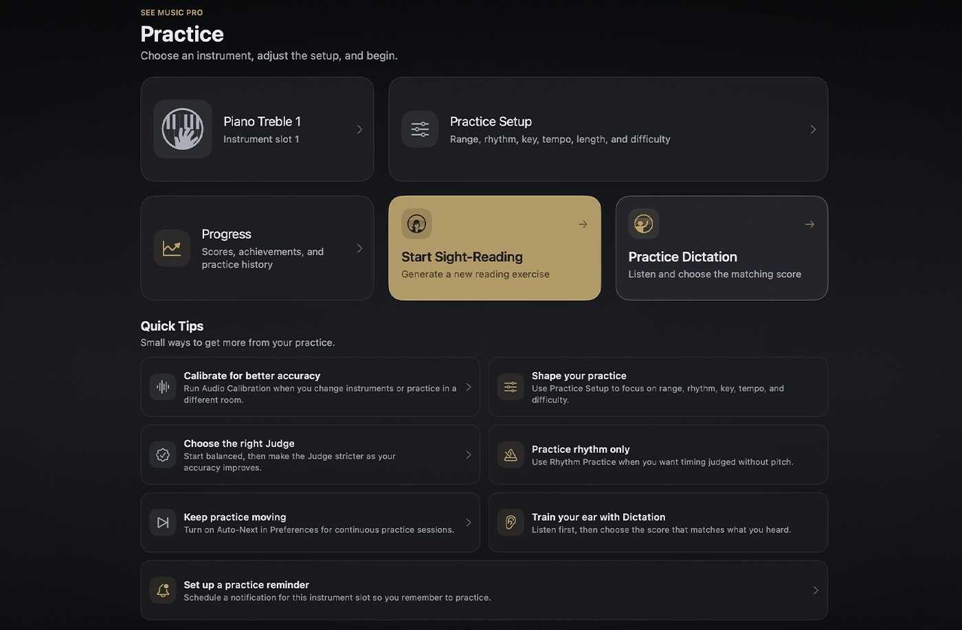 See Music Pro main Switchboard with Instrument, Tuner and Mic, Metronome, Designer, Start Practicing, and Dictation