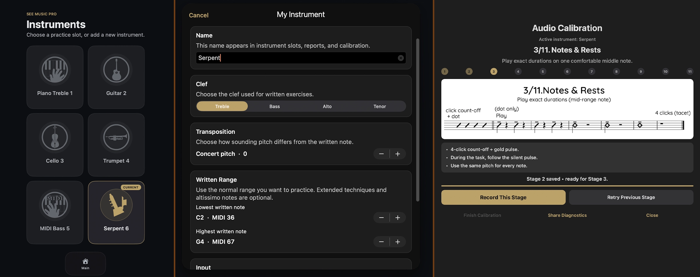 Built-in instrument profiles, custom My Instrument setup for Serpent, and audio calibration
