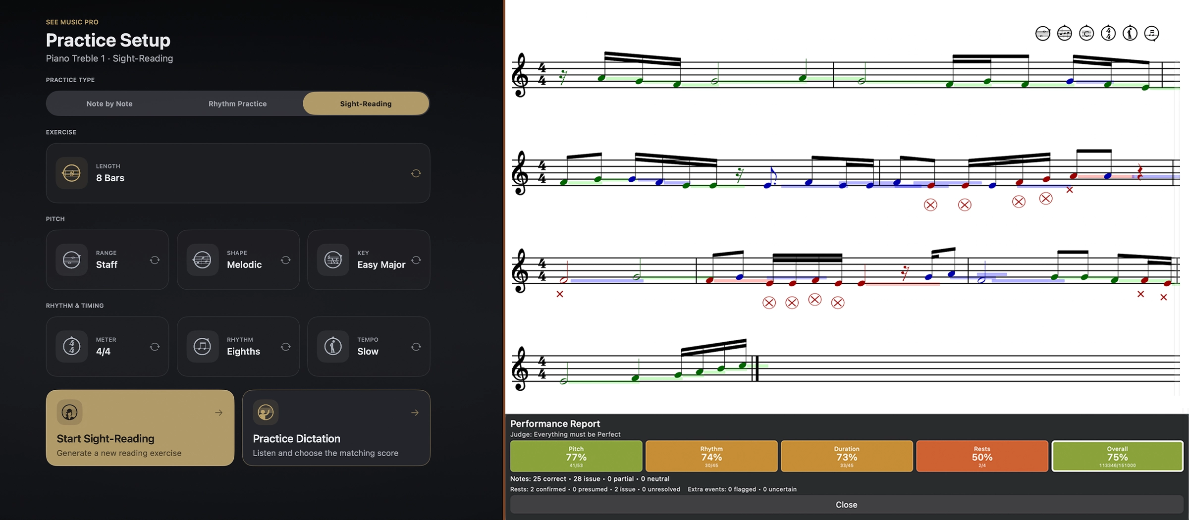 See Music Pro practice setup and detailed performance report