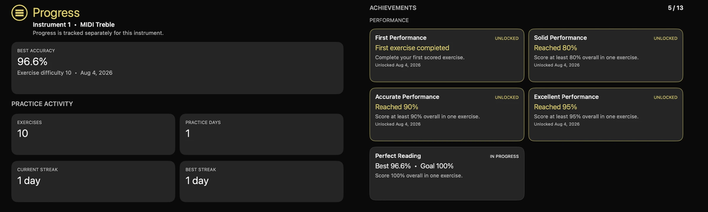 See Music Pro progress statistics and unlocked achievements
